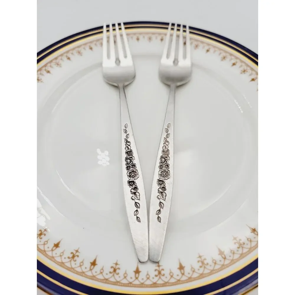 International Deep Silver LAUREL MIST Salad Forks Set 2 Silverplate Flatware Vtg